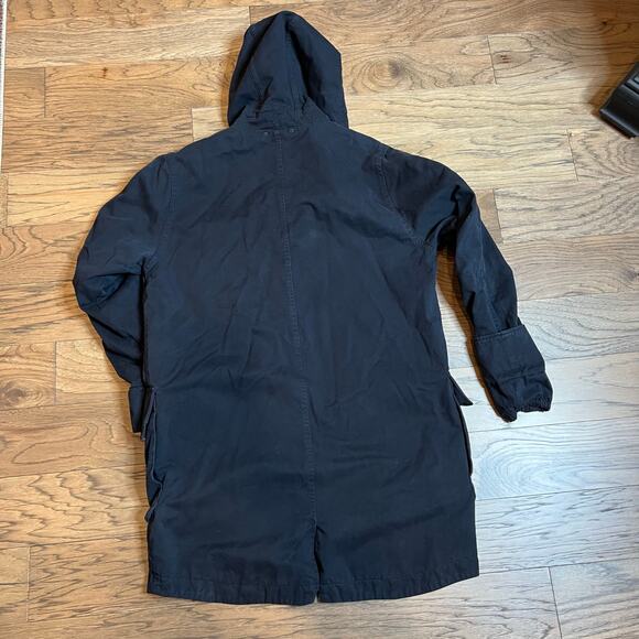 Mens Black Hooded Utility Parka Jacket Long Sleeve Full Zip Pockets - Picture 3 of 11